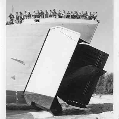 Landing platform lowering out of LST-1166, September 4, 1953