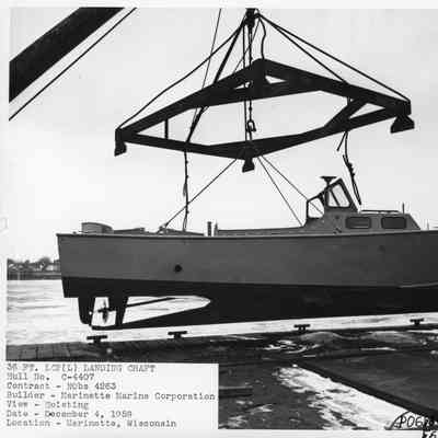 36' landing craft being hoisted in Marinette, Wisconsin on December 4, 1959