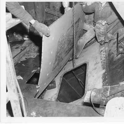 Men holding up panel in Shenango interior at Christy Corp March 31, 1952