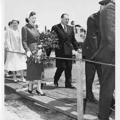 Joseph and Joan McCarthy at launching of LST-1170, May 22, 1954
