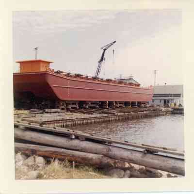 Side view of dump scow Mary P. pre-launch May 1959