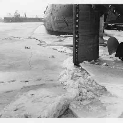 Stern of vessel in frozen water at Christy Corp January 15, 1958