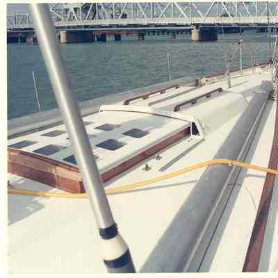 View of bow from deck of Dora docked at Palmer Johnson