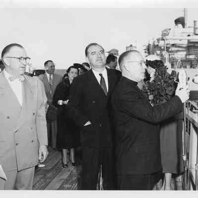Joseph McCarthy and C. Ray Christianson at launching of LST-1170 May 22, 1954
