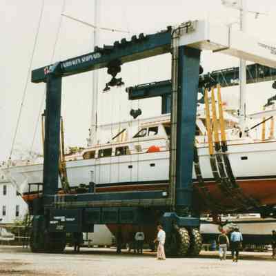 Fairhaven Shipyard Travelift holding yacht Galileo