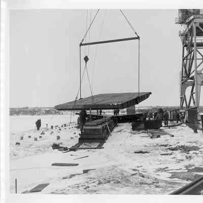 Spartan hull section being lowered January 15, 1951
