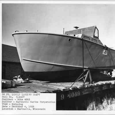 36' LCP landing craft C-4407 on trailer in Marinette, Wisconsin, on December 4, 1959