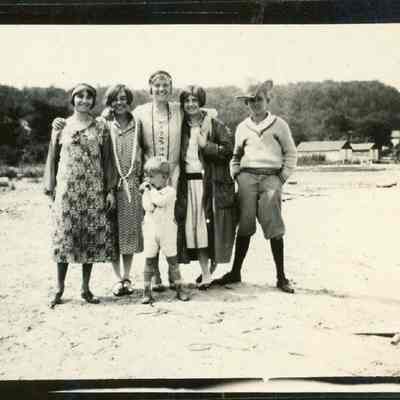 Group of six at Fish Creek beach 1925