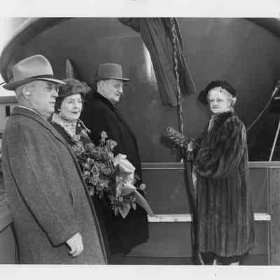 Christening party for Chicago Fireboat in sponsor box at Christy Corp 1949