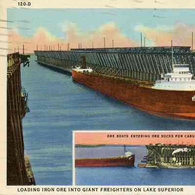 Loading iron ore into freighters on Lake Superior 1948