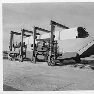 Two Travelifts holding landing craft