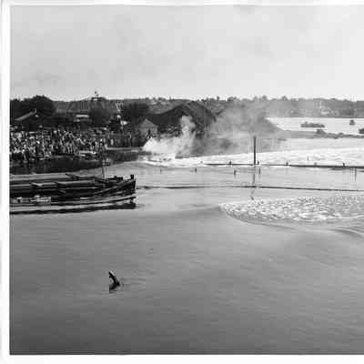 View of crowd on the day of the launching of the USS Knoxville