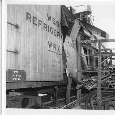 Broken train car from Badger launching September 6, 1952