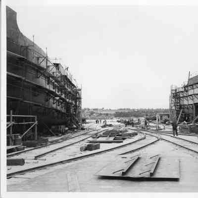 Two unidentified vessels under construction at Leathem D. Smith shipbuilding Co.