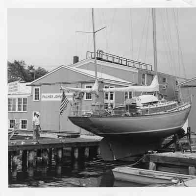 Harris Pfeifer on deck of Racuna prior to launching at Palmer Johnson 1962