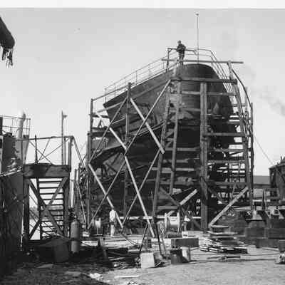 Vessel in scaffolding under construction at Sturgeon Bay Shipbuilding and Drydock Company