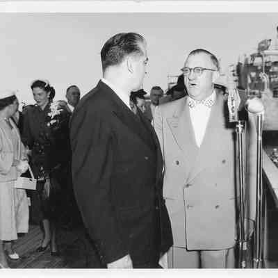 Joseph McCarthy and C. Ray Christianson at launching of LST-1170 May 22, 1954