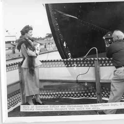 Mrs. Kohler christening the Badger September 6, 1952