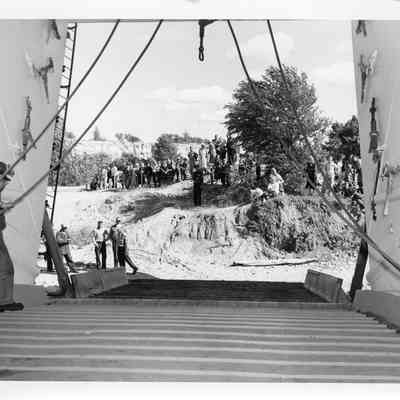 View of shore from inside of LST-1166, September 4, 1953