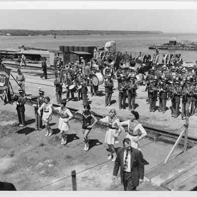 Sturgeon Bay Highschool Band at launching of LST-1170, May 22, 1954