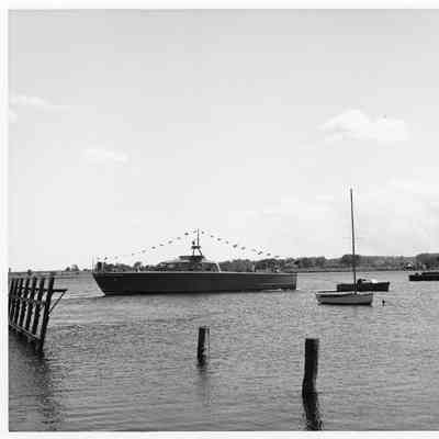 P-571 being towed into water post-christening at Peterson Boat Works July 15, 1944