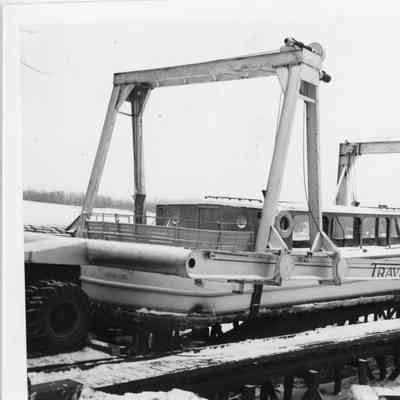Queen of the Lake hoisted on Travelift