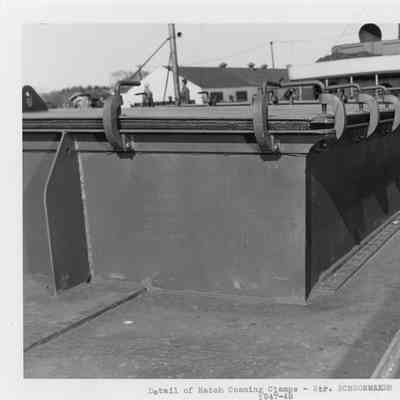 Detial of hatch coaming clamps on Schoonmaker at Christy Corporation 1947-1948