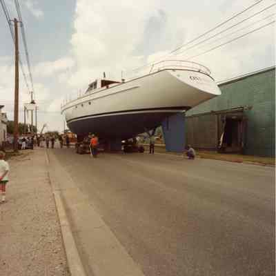Ondine on transport on street to Bay Shipbuilding Co.