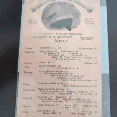 Goodrich Steamship Co. SS Alabama menu 1913