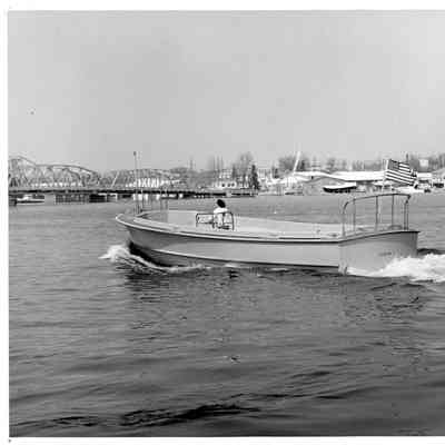 Fiberglass 40' utility boat underway in bay of Sturgeon Bay 1965