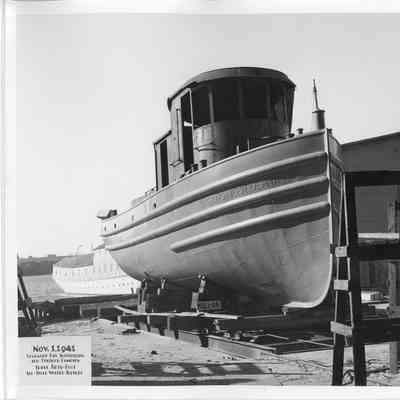 US Engineer Department Hull 116 in cribbing at Sturgeon Bay Shipbuilding and Drydock Company November 1, 1961