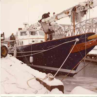 Caribana at dock in snow