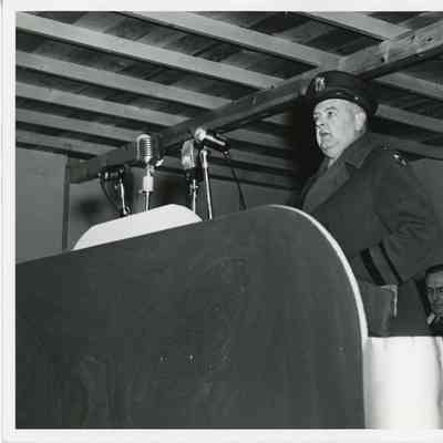 Man giving talk at Army Navy E award ceremony at Sturgeon Bay Shipbuilding and Drydock Company April 20, 1944