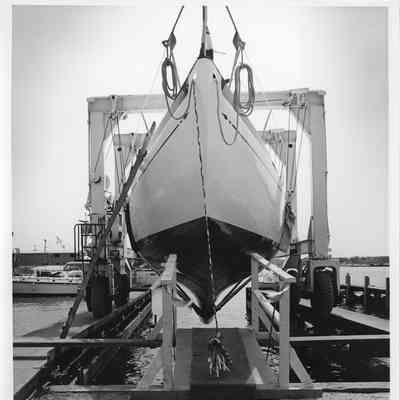 Bow view of Kittyhawk in Travelift at Palmer Johnson