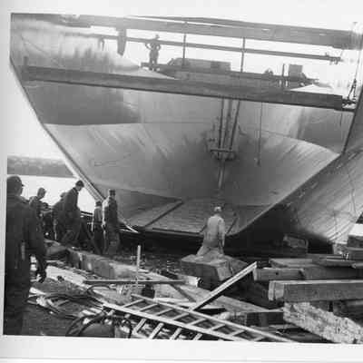 Interior hull of bow section at Christy Corp