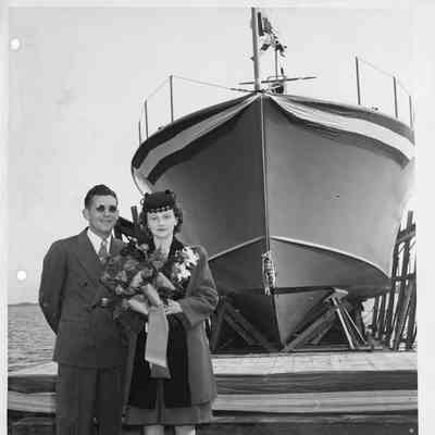 Ship sponsors posing in front of P-574 pre-christening at Peterson Boat Works September 30, 1944