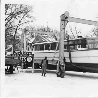 Queen of the Lake hoisted on Marine Travelift