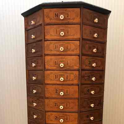 Antique Octagonal Screw and Bolt Cabinet and Base.