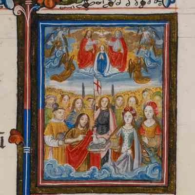 Detail of folio 34r: St Stephen, St John Baptist, St Mary Magdalene and St Margaret, flanking the Agnus Dei (left to right, including the name saints of Stephen and his wife, Margaret)
Reproduced with permission from The British Library ©