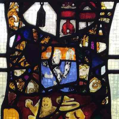 2. The Arms of Jenyns impaling Kirton (his wife's family) and the Arms of the Staple of Calais: Reproduced with permission from Wolverhampton Grammar School