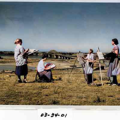 Four Women Painting the Blue Bridge from the Pasco side. Just before its completion. Only one identified is third from leftt Mrs. Alvin Cheney.