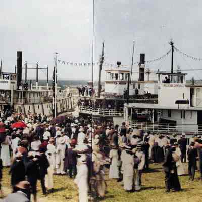 This photo was taken at the boarding of the riverboats enroute to the Celilo Canal Celebration.  This celebration was to commemorate the opening of the Celilo Canal.  The canal allowed for boats to safely go up the full lenght of the Columbia River