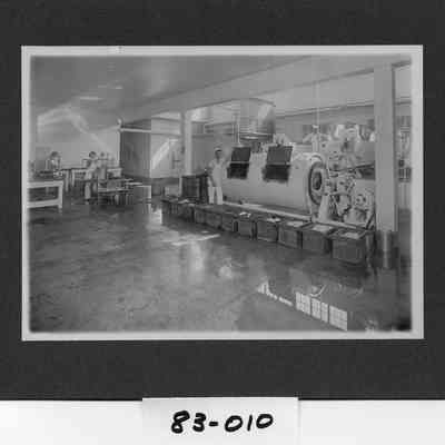 Twin City Creamery butter making equipment, with Margaret Schaffner Schuster, butter cutter Guy Lyons, butter and ice cream maker, and Joe Allen, milk processor and ice cream maker.