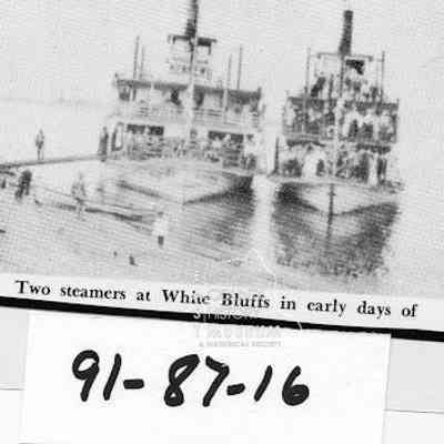 Two steamers at White Bluffs in early days of river traffic.