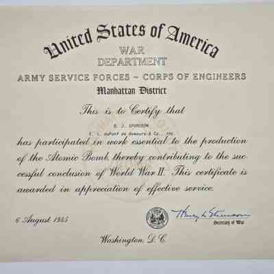 Manhattan Project certificate