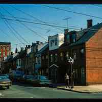 Color slide of eye-level view of row houses on Willow Terrace (7th) looking E from the NW corner with Clinton