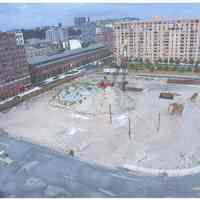 Color photo from Maxwell House Coffee plant looking north at construction site of The Independence in The Shipyard, Hoboken, n.d., ca. 2000.