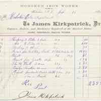 Digital image: bill to Hoboken Water Department from Hoboken Iron Works, James Kirkpatrick, February 11, 1872.