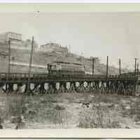 B+W photo of PSCT streetcar No. 3592, Passaic Line, on a Hoboken trestle, Feb. 2, 1936.