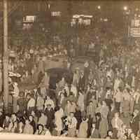 Digital image of sepia-tone photo of Washington St. celebrating election of DeSapio and ticket, Hoboken, May, 1947.
